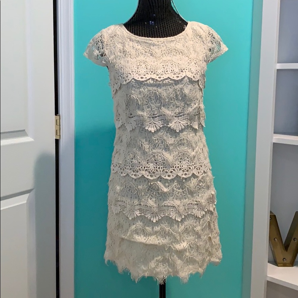 Jax Cream Aline Dress Crochet Cap Sleeve Round Neck Mini Boho Women's Size 6